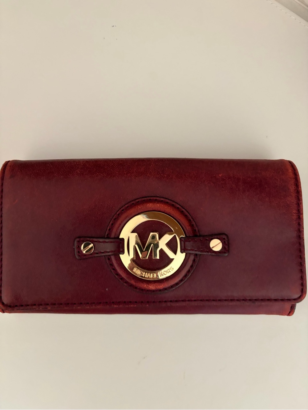 Michael Kors Maroon Leather Wallet with Gold MK Emblem